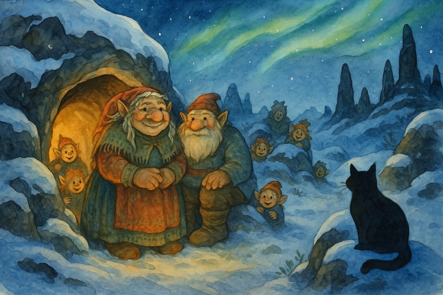 An image of the Icelandic Yule Troll family in front of their cozy cave.